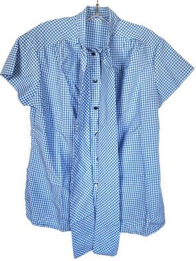 Vintage 70s Blue Gingham Blouse Tie Neck Short Sleeve Retro Top Sz L